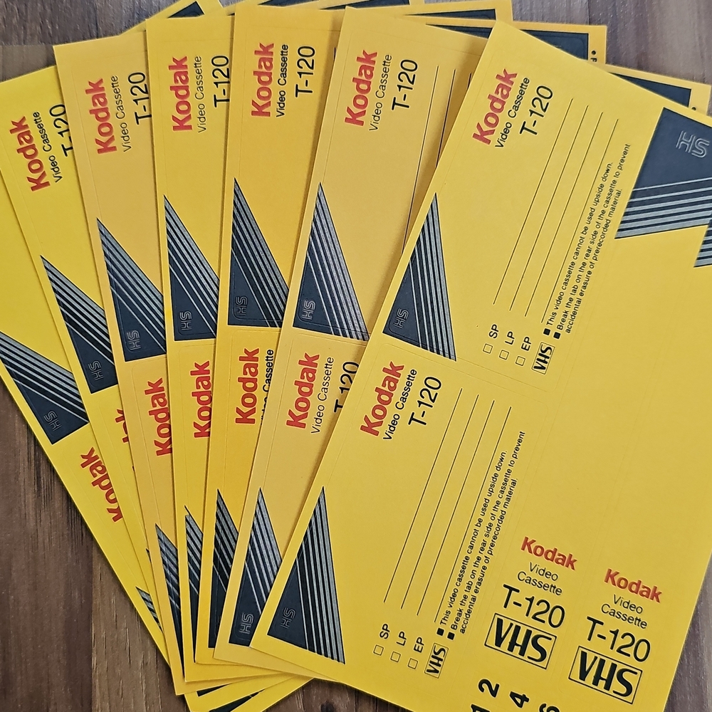 Kodak T-120 VHS Tape Labels in Yellow and Black, Set Of 7